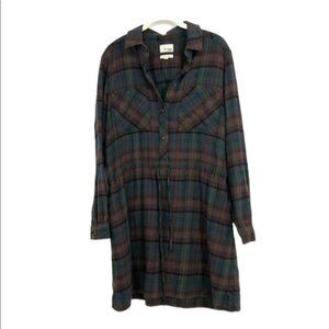 Wilfred Free plaid flannel drawstring dress green brown cotton  cozy fall dress